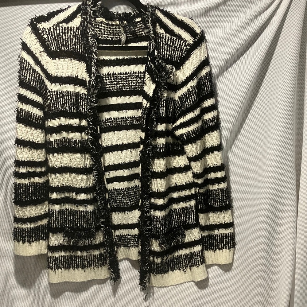 Elegant Black and White Striped Women's Cardigan